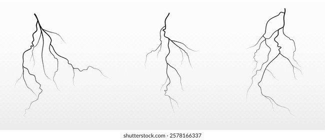 Realistic lightning flash effect, thunderstorm and lightning. Shining white lightning isolated on transparent background, natural phenomenon png. Black zippers.