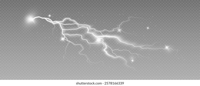 Realistic lightning flash effect, thunderstorm and lightning. Shining white lightning isolated on transparent background, natural phenomenon png. Black zippers.