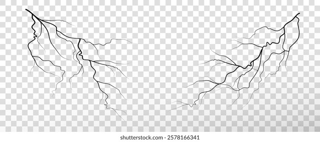 Realistic lightning flash effect, thunderstorm and lightning. Shining white lightning isolated on transparent background, natural phenomenon png. Black zippers.