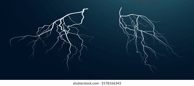 Realistic lightning flash effect, thunderstorm and lightning. Shining white lightning isolated on transparent background, natural phenomenon png. Black zippers.