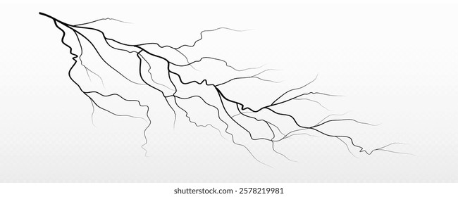 Realistic lightning flash effect, thunderstorm and lightning. Shining white lightning isolated on transparent background, natural phenomenon png. Black zippers.