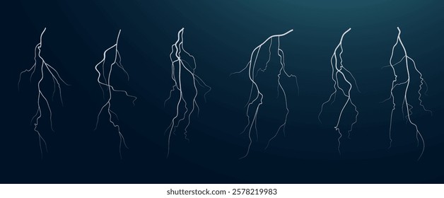 Realistic lightning flash effect, thunderstorm and lightning. Shining white lightning isolated on transparent background, natural phenomenon png. Black zippers.