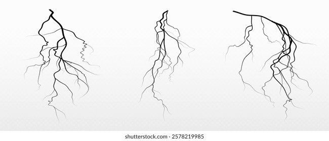 Realistic lightning flash effect, thunderstorm and lightning. Shining white lightning isolated on transparent background, natural phenomenon png. Black zippers.