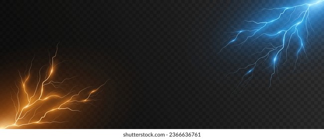 Realistic lightning isolated on dark transparent background. Thunderbolt with light effect. Thunderstorm graphic cover. Vector illustration. EPS 10.