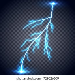 Realistic lightning isolated on a transparent background. Natural phenomena, thunder, storm and thunderstorm. Bright light effects. Vector illustration.