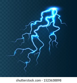 Realistic lightning on blue transparent background. Thunderstorm and lightning bolt. Sparks of light. Stormy weather effect. Vector illustration.