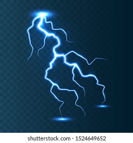 Realistic lightning on blue transparent background. Thunderstorm and lightning bolt. Sparks of light. Stormy weather effect. Vector illustration.