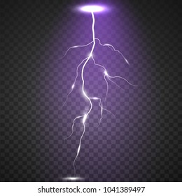 Realistic lightning on checkered background. Bright, electric and magic effects on a transparent backgroun. Vector Illustration