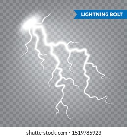 Realistic lightning on transparent background. Thunderstorm and lightning bolt. Sparks of light. Stormy weather effect. Vector illustration.