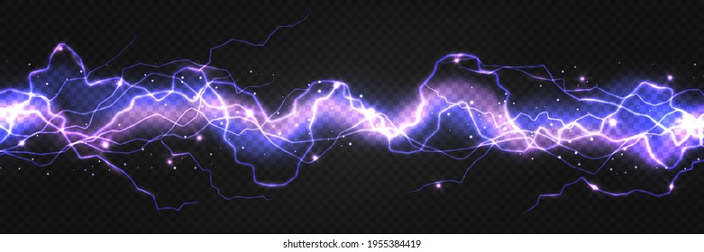 Realistic lightning powerful discharge on dark background. Electric wave from side to side. Thunder shock effect, blazing thunder light strike in darkness. Vector 3d illustration of energy flow.