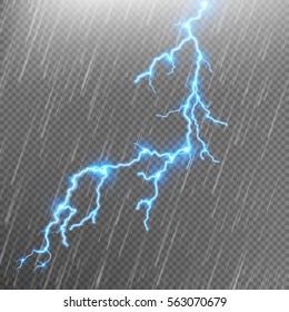 Realistic lightning with rain on checkered background. Bright, electric lightning. EPS 10 vector file included