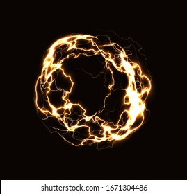 Realistic lightning ring, energy ball, magic sphere, golden plasma on dark background. Isolated vector illustration