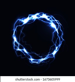 Realistic lightning ring, energy ball, magic sphere, blue color plasma on dark background. Isolated vector illustration