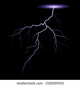 Realistic lightning strike. Thunderstorm. Isolated electrical discharge lightning. Vector illustration.