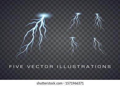 Realistic lightning and thunder bolt. Illustration isolated on transparent background. Graphic concept for your design