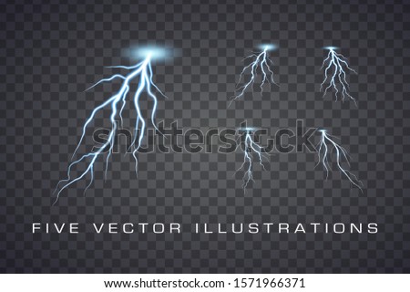 Realistic lightning and thunder bolt. Illustration isolated on transparent background. Graphic concept for your design