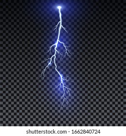 Realistic lightning. Thunder spark light on transparent background. Illuminated realistic path of thunder and many sparks. Bright curved line