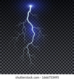 Realistic lightning. Thunder spark light on transparent background. Illuminated realistic path of thunder and many sparks. Bright curved line