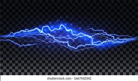 Realistic lightning. Thunder spark light on transparent background. Illuminated realistic path of thunder and many sparks. Bright curved line