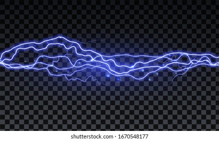 Realistic lightning. Thunder spark light on transparent background. Illuminated realistic path of thunder and many sparks. Bright curved line