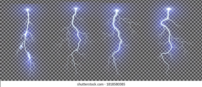 Realistic lightning. Thunder spark light on transparent background. Illuminated realistic path of thunder and many sparks. Bright curved line