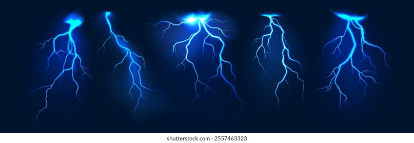 Realistic lightning. Thunder storm blue flash lightnings. Electric strike, thunderbolt bright light effect, power energy charge. Vector isolated set.