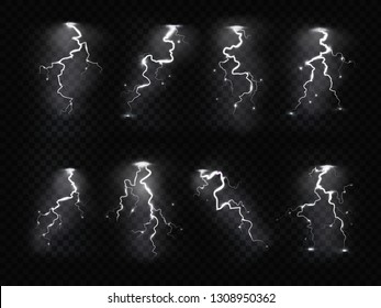 Realistic lightning. Thunder storm electricity blue sky blitz flash stormy thunderstorm rainstorm. Lightnings vector set isolated