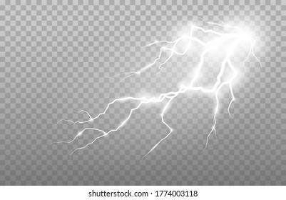 Realistic lightning and thunder strike. Electric discharge set of vector abstract illustration.