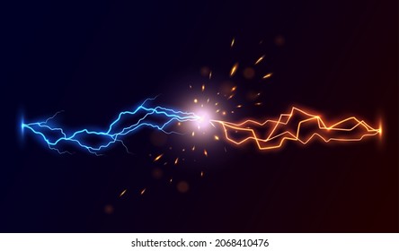 Realistic lightning thunderbolt against short circuit. Plasma exposing after two electricity discharges clash. Flying vector sparks and flaming particles, bright flash of light after lightning strike