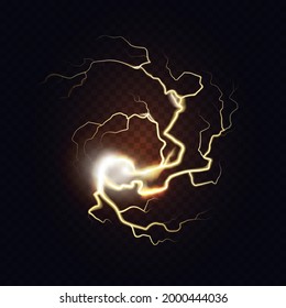 Realistic lightning thunderbolt, glowing thunder bolt light effect of electricity flash vector illustration. Electric golden powerful spark lines, energy discharge, shock strike ray in dark background