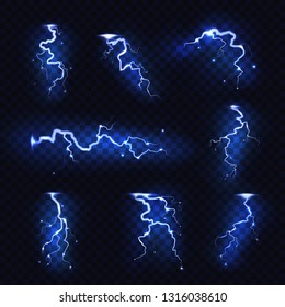 Realistic lightnings. Blitz lightning thunder light sparks storm flash thunderstorm. Power energy charge thunder shock vector