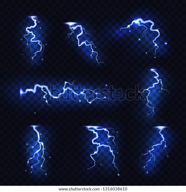 Realistic lightnings. Blitz lightning thunder\
light sparks storm flash thunderstorm. Power energy charge thunder\
shock vector