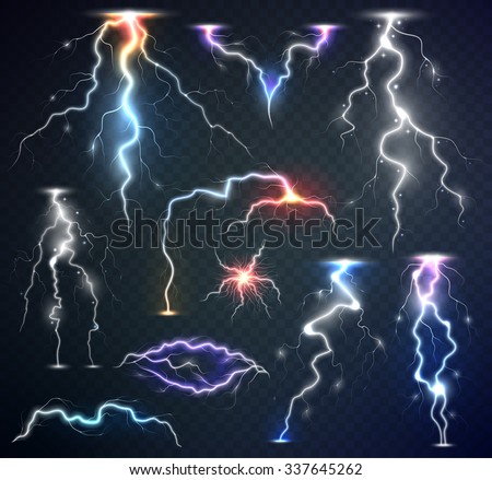 Realistic lightnings on transparent background.