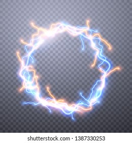 Realistic lightnings with transparency for design. Digital effect of glowing, electrical discharge, design decoration. Vector illustration.