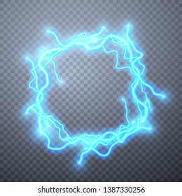 Realistic lightnings with transparency for design. Digital effect of glowing, electrical discharge, design decoration. Vector illustration.