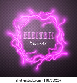 Realistic lightnings with transparency for design. Digital effect of glowing, electrical discharge, design decoration. Vector illustration.