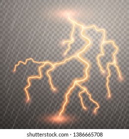 Realistic lightnings with transparency for design. Thunder-storm and lightnings. Magic and bright lighting effects. Vector illustration.