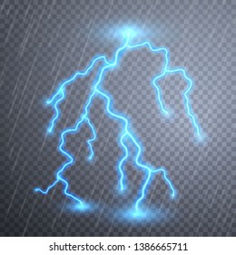 Realistic lightnings with transparency for design. Thunder-storm and lightnings. Magic and bright lighting effects. Vector illustration.