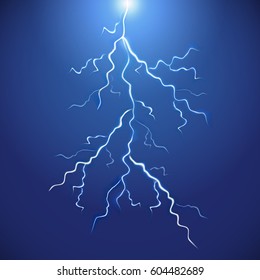 Realistic lightnings,thunder-storm,magic effects.Realistic thunderbolt on blue backdrop.Electricity blast.For web site,poster,placard and wallpaper