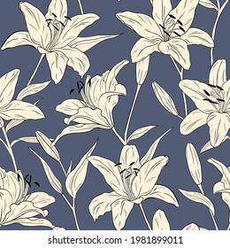 Realistic lilies. Seamless pattern. Flowers, leaves and branches. Hand drawn vector illustration. Line art. Texture for print, fabric, textile, wallpaper.