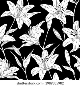 Realistic lilies. Seamless pattern. Flowers, leaves and branches. Hand drawn vector illustration. Line art. Texture for print, fabric, textile, wallpaper.