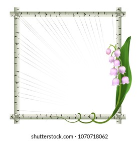 Realistic lilies-of-the-valley, the symbol of purity and tenderness, square birch tree frame.
