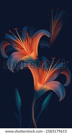 Realistic lily flower || petal illuminated with spot of orange neon light against dark blue background 