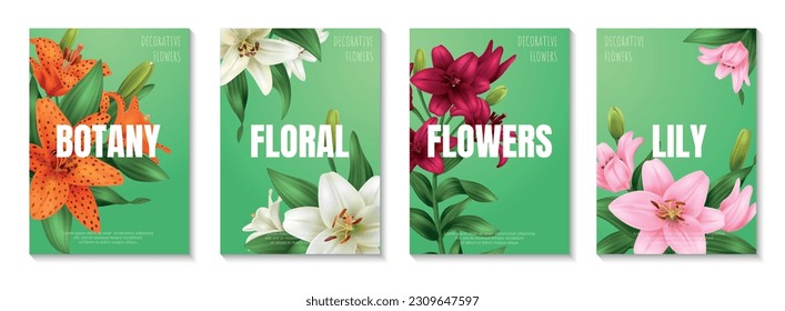 Realistic lily poster set with multicolored flowers isolated vector illustration - Shutterstock ID 2309647597