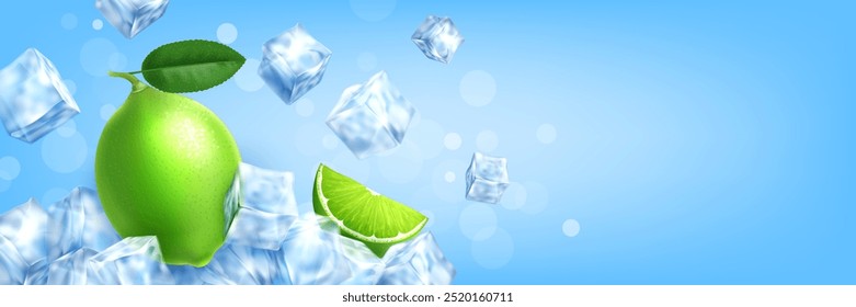 Realistic lime citrus whole and slice with flying ice cubes on light blue background. Banner concept for fresh cold beverage ads with text space.