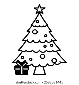 Realistic line art vector of a single decorated Christmas tree with ornaments, tinsel, star, and presents. Perfect for coloring books or festive designs.
