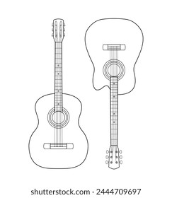 Realistic line drawing of a classical guitar and an acoustic guitar. Perfect depiction of musical instrument structure. Vector illustration isolated on white. Mockup, template element, decoration