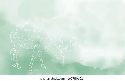 Realistic line drawing of deer ~ During meal - bg:green gradation