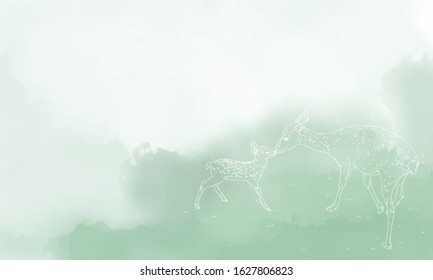 Realistic line drawing of deer ~ Parents and children - bg:green gradation