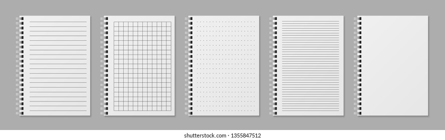 Realistic line notobooks. Blank open padded sketchbook with dots and lines for writing message vector templates